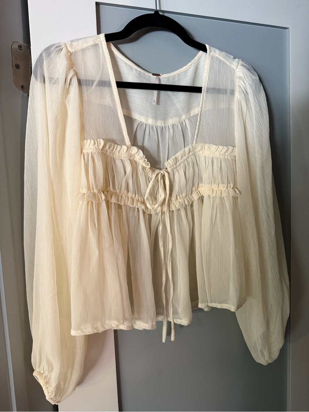 Free People Sheer Cream Ruffle Tie-Front Blouse